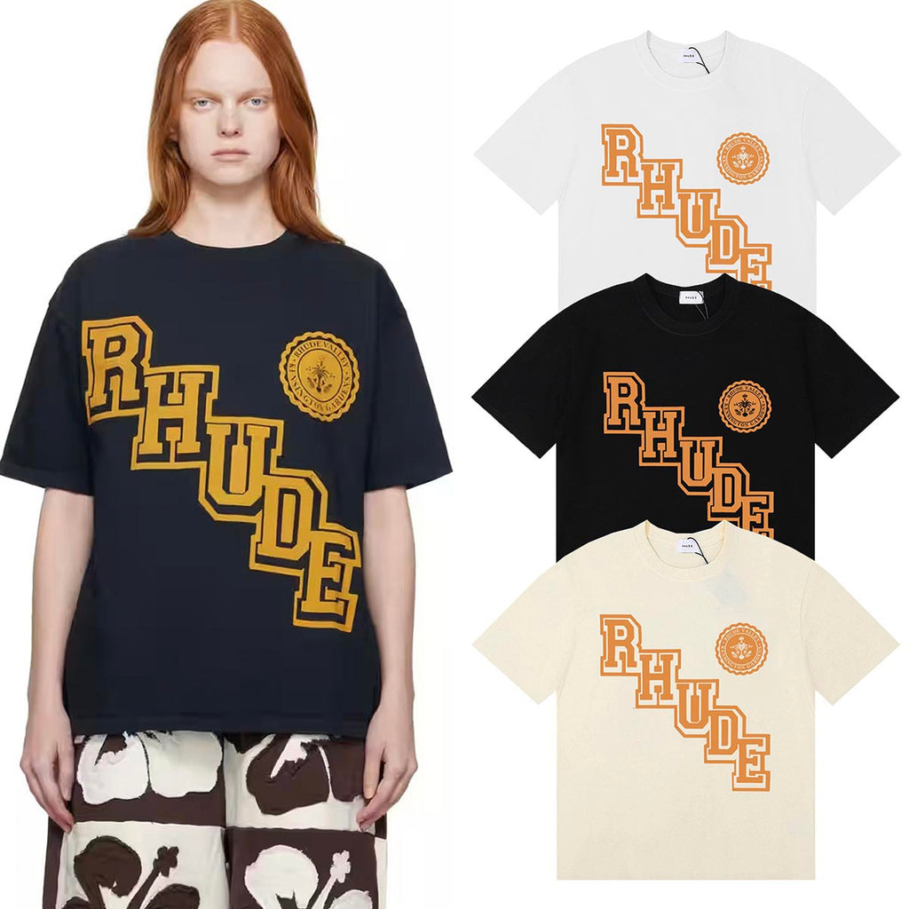 Rhude T-shirts Collegiate Cotton Casual Short Sleeve Men and Women